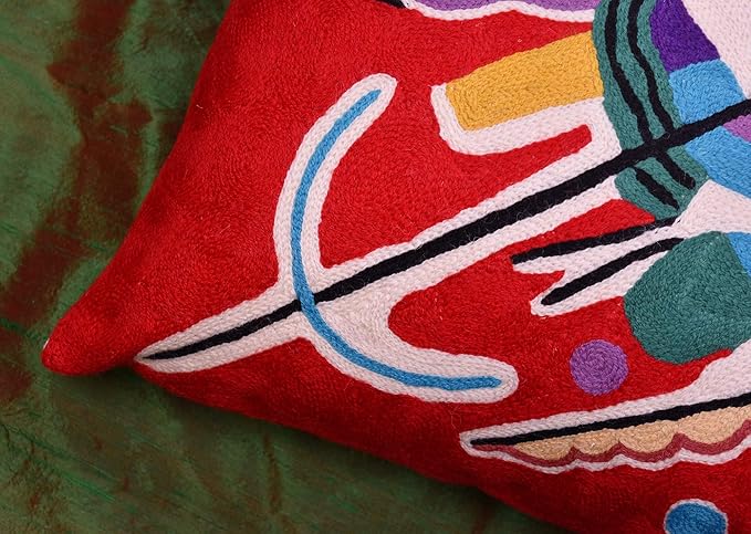 Kandinsky Modern Couch Pillow Cover - Red Painting | Abstract Toss Pillow | Modern Chair Cushion| Contemporary Pillow | Mid Century Chair Cushion | Hand Embroidered Pillow | Wool Size 18x18-Ruum Studio Home