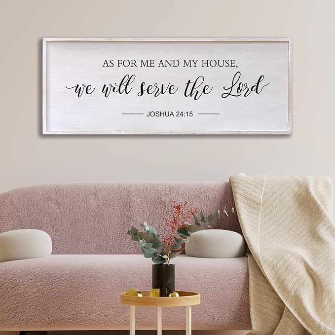 As for Me and My House We Will Serve the Lord Wall Decor - 32" x 12" Large Rustic Family Living Room Wood Framed Home Sign Joshua 24 15 Christian Bible Verse Plaque Hanging Wall Art(White)-Ruum Studio Home