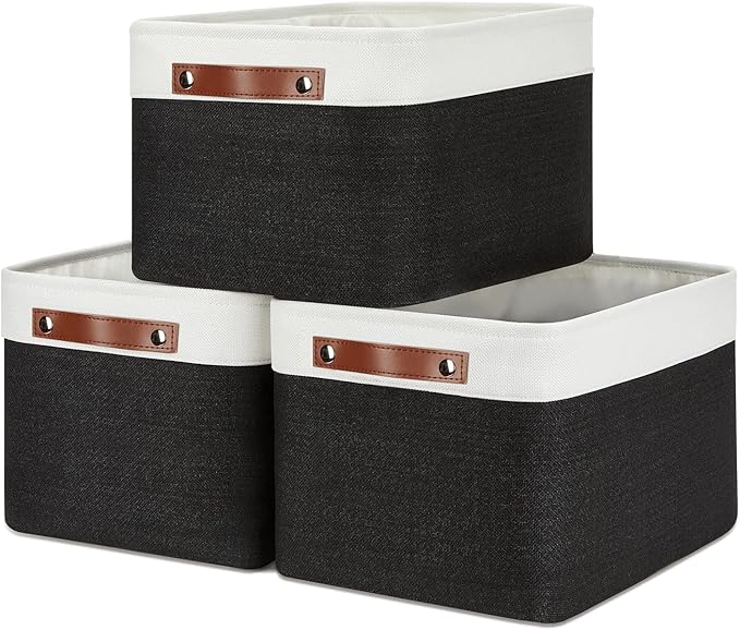 DULLEMELO Canvas Storage Bin with Handles, Fabric Bins for Shelves, Bedroom, Office,Nursery,Fabric Storage Baskets for Toys, Clothes,Gift(3-Pack Medium-15 inch X 11 inch X 9.5 inch , White&Black)-Ruum Studio Home