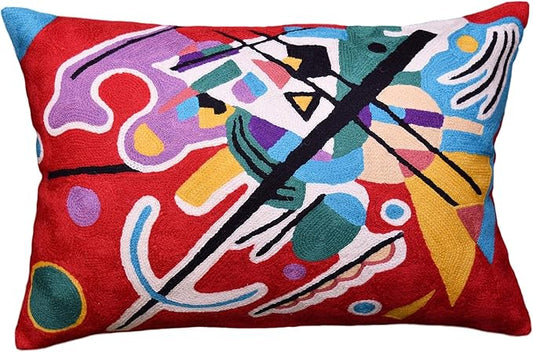 Lumbar Kandinsky Red Abstract Pillow Cover Modern Throw Pillowcase Modern Chair Cushion Red Contemporary Pillowsham Farmhouse Couch Cushions Hand Embroidered Wool Size 14x20-Ruum Studio Home