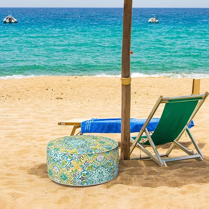 Inflatable Ottoman Stool D21 xH9 for Outdoor/Indoor Use, Water Repellent Patio Foot Rest Stool with Portable Handle,Round Pouf Ottoman Suitable for Garden,Deck and Camping - Damask Green-Ruum Studio Home