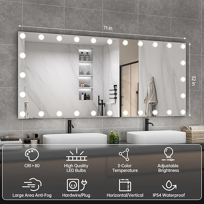 Hasipu LED Bathroom Mirror with Lights, 71" x 32" Hollywood Wall-Mounted Bathroom Mirror with 28 Dimmable Bulbs, 3 Colors Modes, Touch Control, Anti-Fog, Memory Function, Shatter-Proof, ETL Listed-Ruum Studio Home