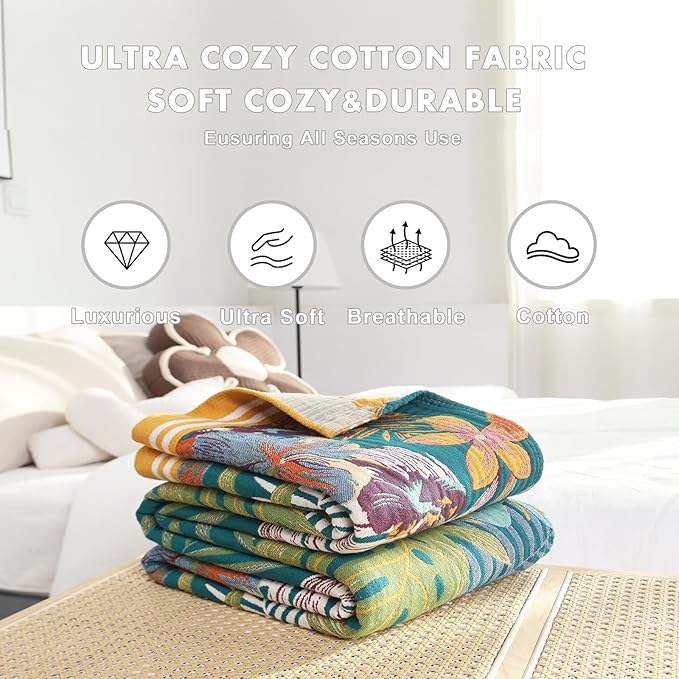 MSGKV Boho Throw Blanket for Couch and Sofa Cotton Blankets for Living Room Bedroom Reversable Florals Throw 60"x80" Breathable Cozy Blankets-Ruum Studio Home