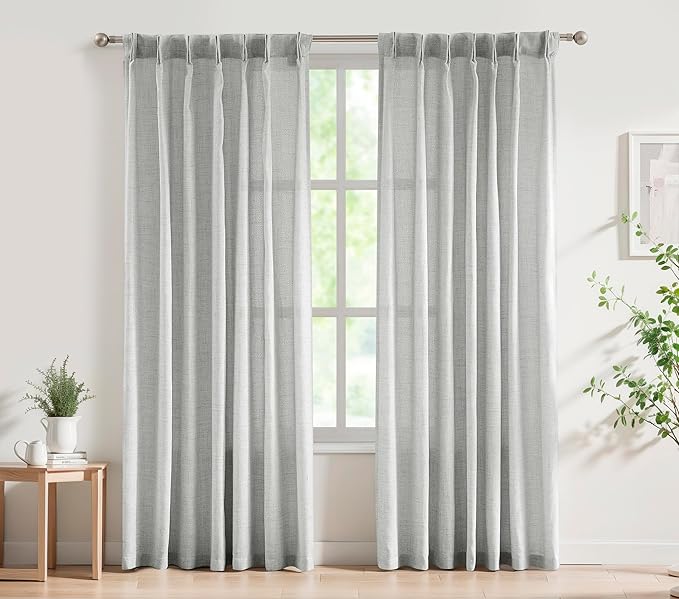 FMFUNCTEX Pinch Pleated Curtains 96 Inches Long for Living Room, Grey Semi Sheer Faux Linen Textured Pleat Drapes for Bedroom with Hooks, Light Filtering Farmhouse Window Drapes 2 Panels-Ruum Studio Home