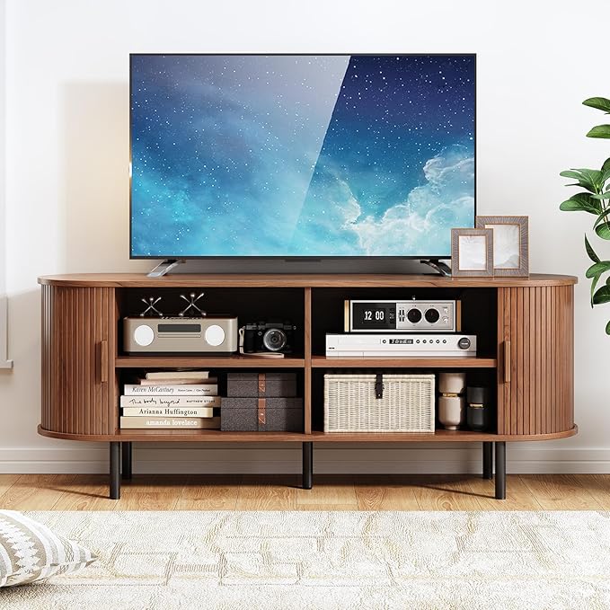 TV Stand with Power Outlet, Mid-Century Modern Television Stand, Media Console with Sliding Doors, Entertainment Center for TVs up to 60 Inch, Adjustable Shelves, Walnut-Ruum Studio Home