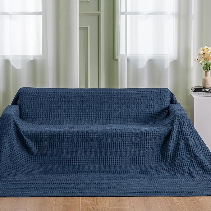PHF Cooling Waffle Blanket California King Size, Lightweight 60% Rayon Derived from Bamboo & 40% Cotton Breathable Blanket for Hot Sleepers, Soft and Luxury for Bed Couch and Sofa, 110"x96", Navy Blue-Ruum Studio Home
