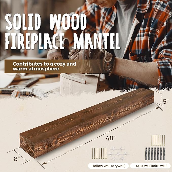 48x8x5 Fireplace Mantel - Handcrafted Hollow Rustic Solid Wood Wall Mounted Floating Shelf with Invisible Heavy Duty Wood Bracket (Weathered Brown)-Ruum Studio Home