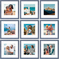 Vittanly 12x12 Picture Frames Set of 9, Shatter Resistant Plexiglass, Display 8x8 Pictures with Mat or 12x12 without Mat, Photo Frames for Wall Mount, Engineered Wood, Navy-Ruum Studio Home