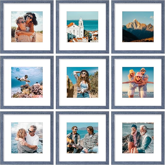 Vittanly 12x12 Picture Frames Set of 9, Shatter Resistant Plexiglass, Display 8x8 Pictures with Mat or 12x12 without Mat, Photo Frames for Wall Mount, Engineered Wood, Navy-Ruum Studio Home