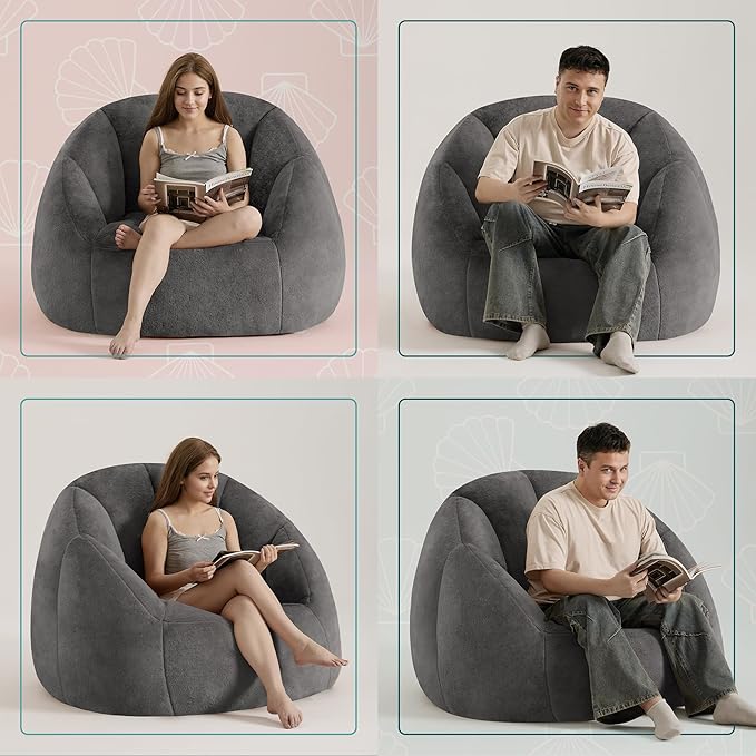 Giant Bean Bag Chair for Adults - Comfy Plush Round Shell Soft Accent Chair, Oversized Cozy Lounge Floor Sofa Reading Chair, Mini Couch for Living Room, Bedroom & Game Rooms, Gray-Ruum Studio Home