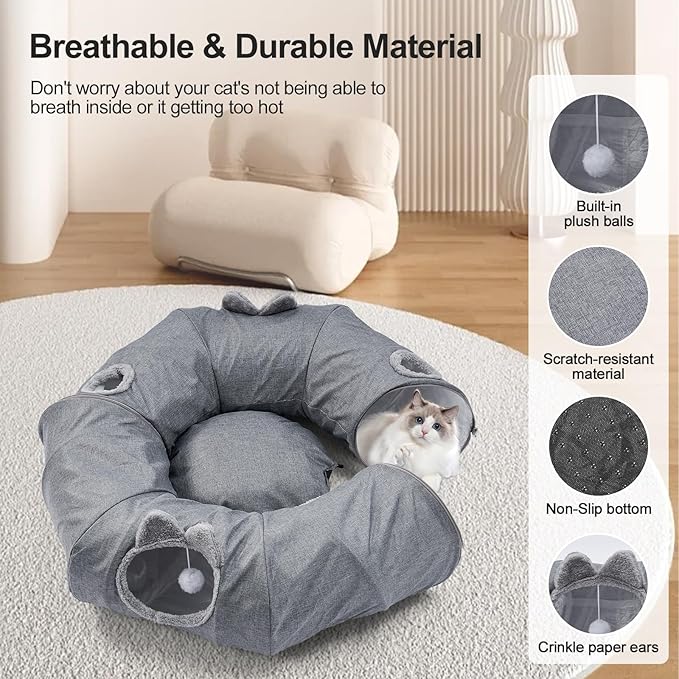 Odoland Summer Linen Cat Tunnels for Indoor Cats with Cooling Central Cat Bed, Interactive Cat Toys Detachable Soft Mat and Variety Kitty Toy Set Grey-Ruum Studio Home