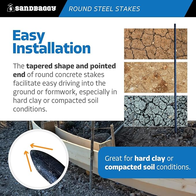Sandbaggy Round Steel Concrete Form Stakes with Nail Holes - Rust Resistant Coating - Removable, Reusable (5, 3/4 in X 36 in)-Ruum Studio Home