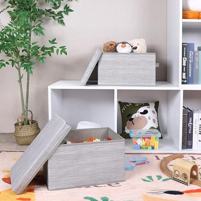 WUIKE Storage Bins with Lids, Collapsible Stackable Storage Bins with Handles, Clothing Storage Containers for Closet, Fabric Shelf Baskets, Large, Light Gray/Slub Gray, 3-Pack-Ruum Studio Home