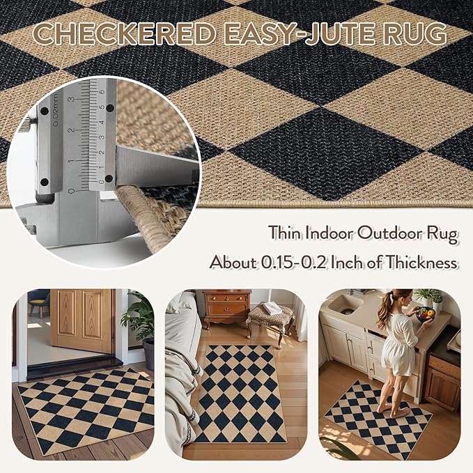 Lahome Checkered Easy Jute Kitchen Rug, 2x3 Front Door Mat Non Slip Washable Neutral Area Rug, Farmhouse Diamond Non Shedding Low Pile Floor Carpet for Entryway Porch Doorway-Ruum Studio Home