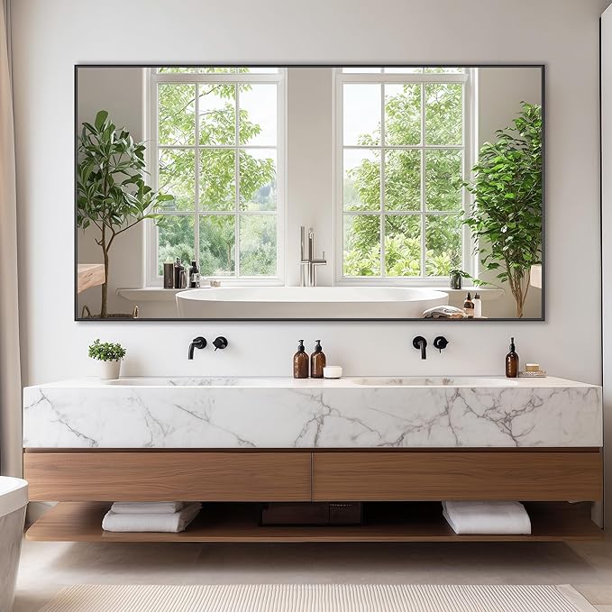 Bathroom Mirror 55" x 30", Large Rectangle Wall Mirror, Black Metal Frame Wall Mounted Mirrors for Bathroom, Vanity, Bedroom, Entryway Decor(Horizontal/Vertical)-Ruum Studio Home