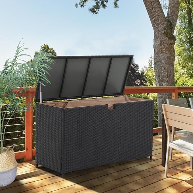 Super Patio Outdoor Patio Storage Box Waterproof, 120 Gallon Large Deck Box Wicker Storage Bin for Cushions, Garden Tools, Black-Ruum Studio Home