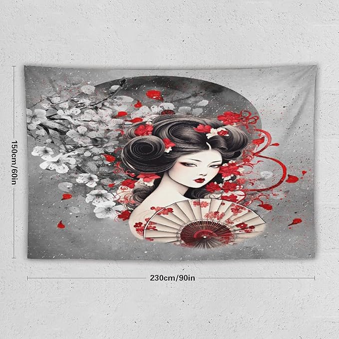 Japanese Geisha Tapestry Asian Red Cherry Blossom Red Sun Traditional Kimono Folk Tapestries Home Decor for Living Room Bedroom Apartment Farmhouse Dorm 90"x60"-Ruum Studio Home