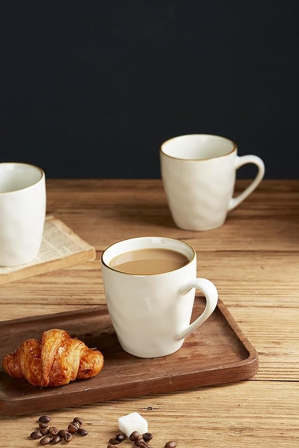 famiware Coffee Mugs Set of 4, Ocean Round 11.5oz Coffee Cup Set with Handle for Cocoa, Milk, Hot Chocolate, Tea or Water, Stoneware Cups for Kitchen, Microwave Dishwasher Safe, Vanilla White-Ruum Studio Home