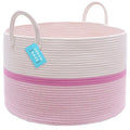 OrganiHaus Boho Woven Basket for Blankets and Laundry, Decorative Large Storage Bin for Living Room, Nursery Basket for Toys & Clothes, Soft Cotton Rope with Handles 20x13 inches - Striped Pink-Ruum Studio Home