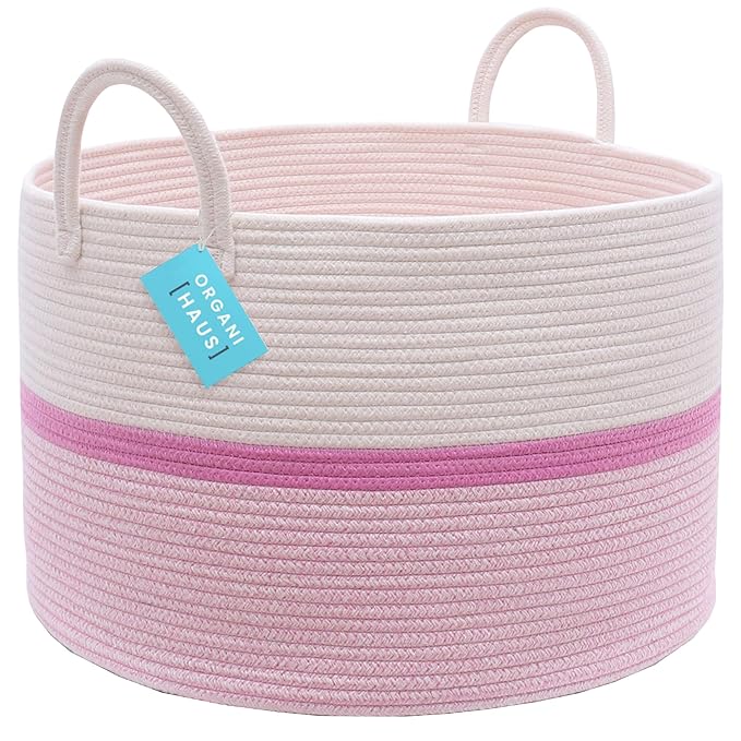 OrganiHaus Boho Woven Basket for Blankets and Laundry, Decorative Large Storage Bin for Living Room, Nursery Basket for Toys & Clothes, Soft Cotton Rope with Handles 20x13 inches - Striped Pink-Ruum Studio Home