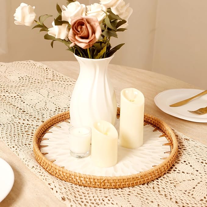Round Rattan Tray with Mother of Pearl Inlay & Wooden Base - Decorative Wicker Serving Tray for Coffee/Bread/Fruits, Food Storage & Display - Multipurpose Home Decor (M,White Leaves)-Ruum Studio Home