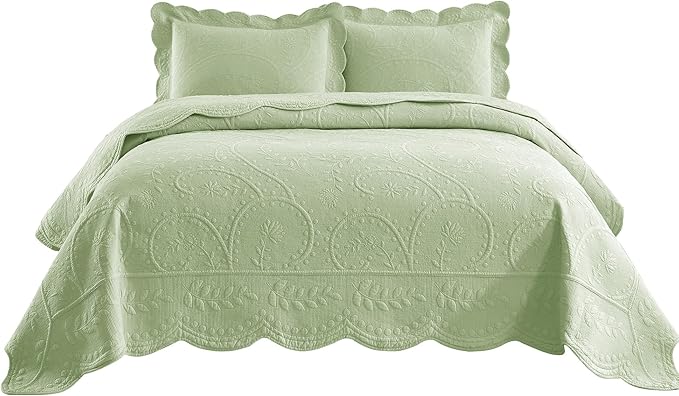 MarCielo 3-Piece 100% Cotton Oversized Bedspread Lightweight Quilt Coverlet Embroidery Farmhouse Bedding Set (TX Pale Green, Oversized Queen (100"x106"))-Ruum Studio Home