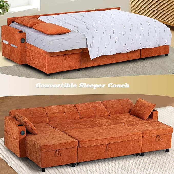ACMEASE110“ Inches L-Shaped Pull Out Sofa Bed w/Storage Chaise & Adjustable Back, Chenille Sectional Sofa w/USB Port,Tufted Sleeper Couch w/Cup Holders for Living Room, Orange-Ruum Studio Home