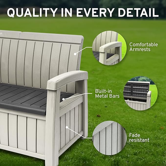 EconoHome 3 Seat Outdoor Storage Bench - 90 Gallon Capacity - Weatherproof Resin Bench for Patio, Porch, Garden, Yard, Pool Area - Furniture for Pool Accessories, Gardening Tools, Toys-Ruum Studio Home