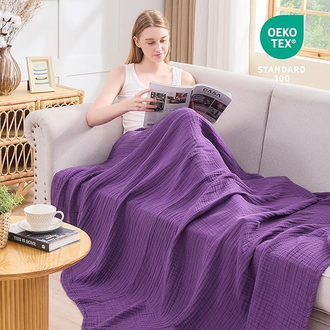 EMME Cotton Muslin Throw Blanket Couch Breathable Gauze Blanket Soft Lightweight Blankets Adults (Purple, 50"x60")-Ruum Studio Home