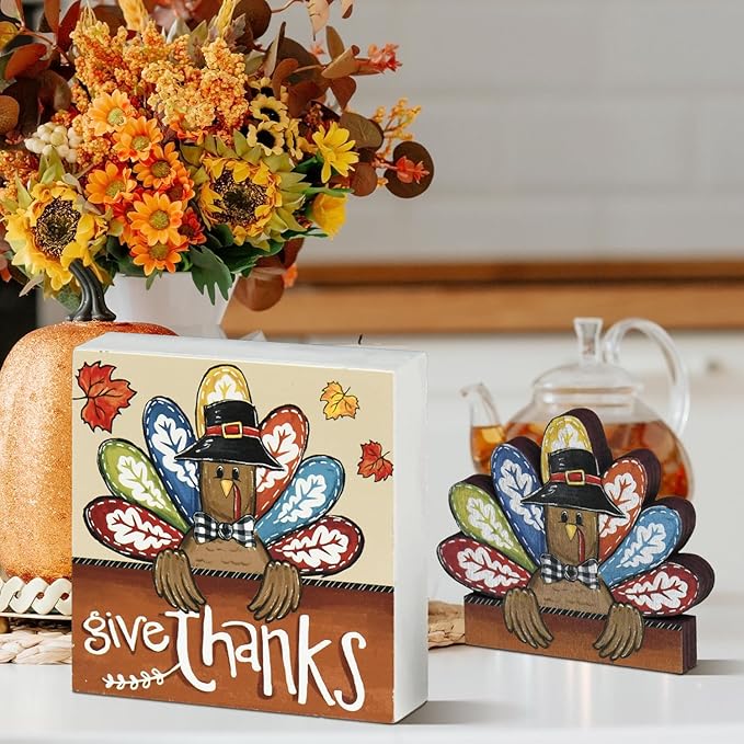 Smile Thanksgiving Wooden Decor Indoor, Turkey Decor Give Thanks Box Sign, Thanksgiving Table Tiered Tray Kitchen Decorations-Ruum Studio Home