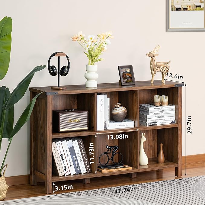 Farmhouse 6 Cube Book Shelf, Wood 3 Tier Storage Organizer Bookshelf, Brown Walnut 47" Horizontal Cubby Bookcase with Legs, Rustic Entryway Book Case, Long Display Cabinet for Bedroom, Office-Ruum Studio Home