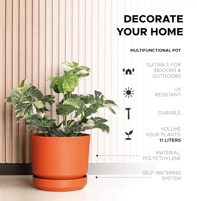 Elly Décor 12 inch Plastic Cylinder Planter Pot with Self-Watering Saucer and Drainage Hole,Lightweight & Extremely Durable, 12"x 12", Terracotta-Ruum Studio Home