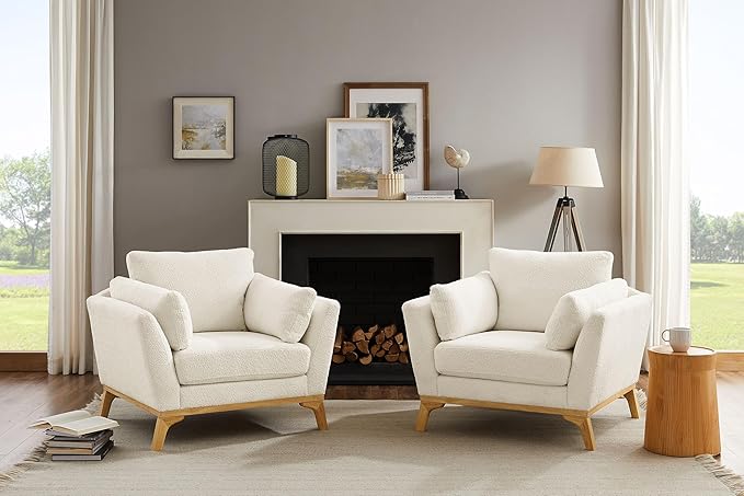 Large-Sized Accent Chair, Thick Cushion Bedroom Reading Chair, Comfortable Living Room Single Sofa, Boucle Milky White-Ruum Studio Home