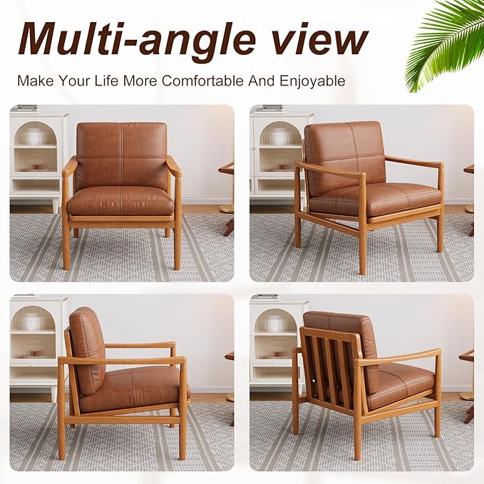 Mid Century Modern Accent Chair Set of 2, Leather Accent Chair, Relaxing Armchair with Solid Wood Frame & Soft Cushion, Reading Leisure Chairs for Living Room-Ruum Studio Home