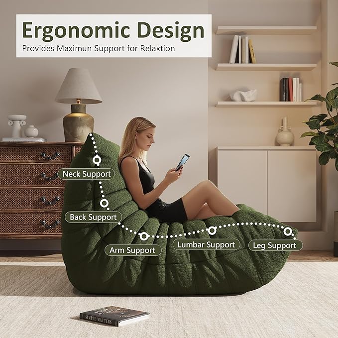 Bean Bag Chair, Oversized Loveseat Fireside Chair for Adults, 2 Seater with Memory Foam Filled, Lazy Sofa Lounge Floor Sofa for Living Room, Bedroom, Office, No Assembly Required. (Green)-Ruum Studio Home