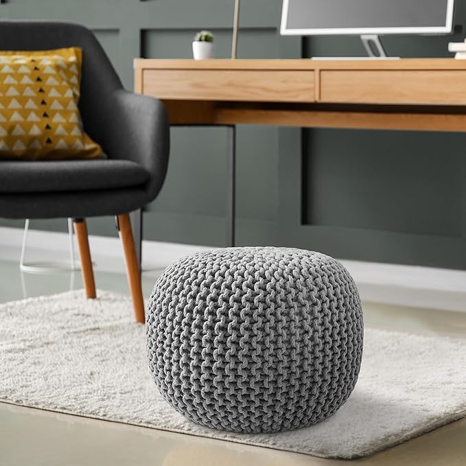 Casafield Round Pouf Ottoman, Light Gray - 20" Diameter x 14.5" High Cotton Knit Foot Stool - Boho Floor Pouffe for Living Room, Bedroom, Home Office-Ruum Studio Home