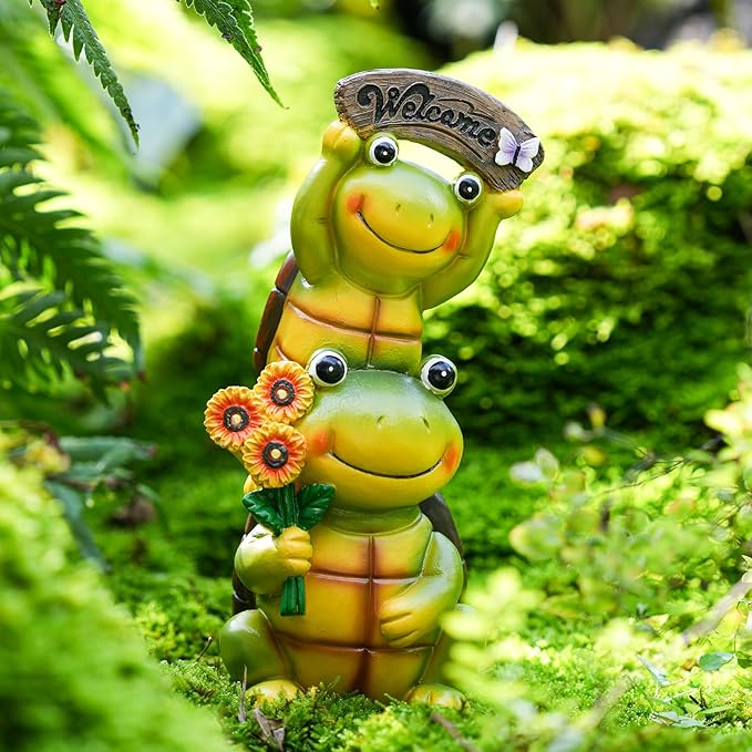 Garden Turtle Outdoor Statues, Solar Garden Statue Two Sweet Frog Face Turtles Decor with 3 LED Lights, Unique Art Resin Gifts for Patio Lawn Porch Yard-Ruum Studio Home