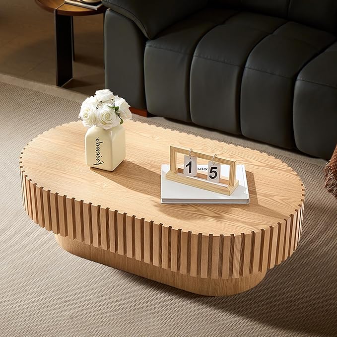 43.7" Oval Coffee Table for Living Room,Modern Handcraft Drum Coffee TableSmall Wooden Coffee Table with Sturdy Pedestal Easy Assembly for Office-Natural-Ruum Studio Home