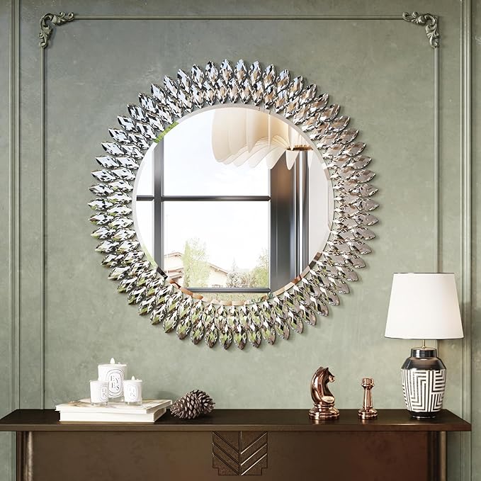 Kelly Miller Jeweled Mirror for Wall, 28 Inch Round Luxury Mirror with Sparkling Diamonds Beveled Modern Wall Decor for Bathroom, Living Room, Bedroom, Hallway-Ruum Studio Home