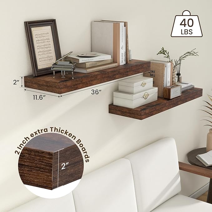Deep Floating Shelves, 12 Inch Deep Rustic Floating Shelves for Wall Set of 2, 36W x 12D Large Wood Shelves for Living Room Bathroom Laundry Room Bedroom Kitchen Home Office - Rustic Brown-Ruum Studio Home
