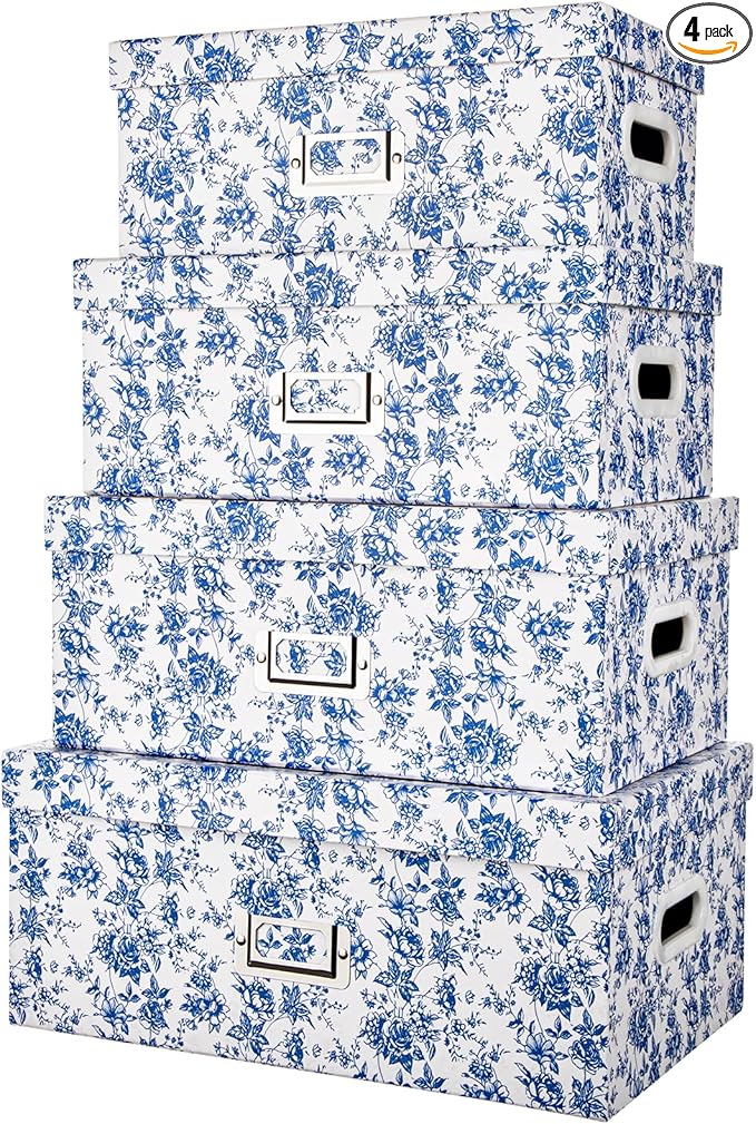 Briful Set of 4 Blue and White Storage Boxes with Lids – Photo Boxes Elegant Floral Nesting Organizer Bins, 14''/13''/12.2''/7.5'' Set Decorative Cardboard Gift Boxes for Home or Office Use-Ruum Studio Home