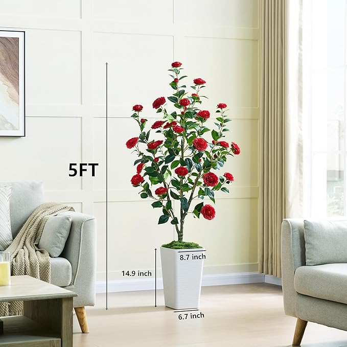 Artificial Camellia Tree 5FT Faux Trees Indoor Fake Floral Plant Blooming Tree with Red Flowers & White Tall Planter, Faux Camellia Plants for Porch Home Room Bedroom Office Front Door Outdoor Decor-Ruum Studio Home