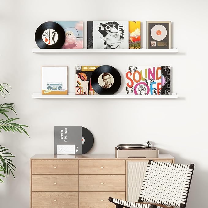 Picture Ledge Shelf for Wall, 24 inch Solid Pine Wood Nursery Book Shelves 2 Packs, Floating Ledge Shelves for Kids' Room Bedroom Bathroom Living Room Photo Frames Office Nursey Wall Decor, White-Ruum Studio Home