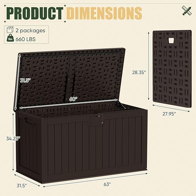 JUMMICO 250 Gallon Outdoor Resin Deck Box with Divider, Waterproof Storage Box with Lockable Lid&Side Handles for Garden Tools, Pools Supplies (Brown)-Ruum Studio Home