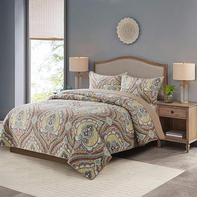 NEWLAKE Cotton Bedspread Quilt Sets-Reversible Patchwork Coverlet Set, European Paisley Blossom Pattern, King Size-Ruum Studio Home