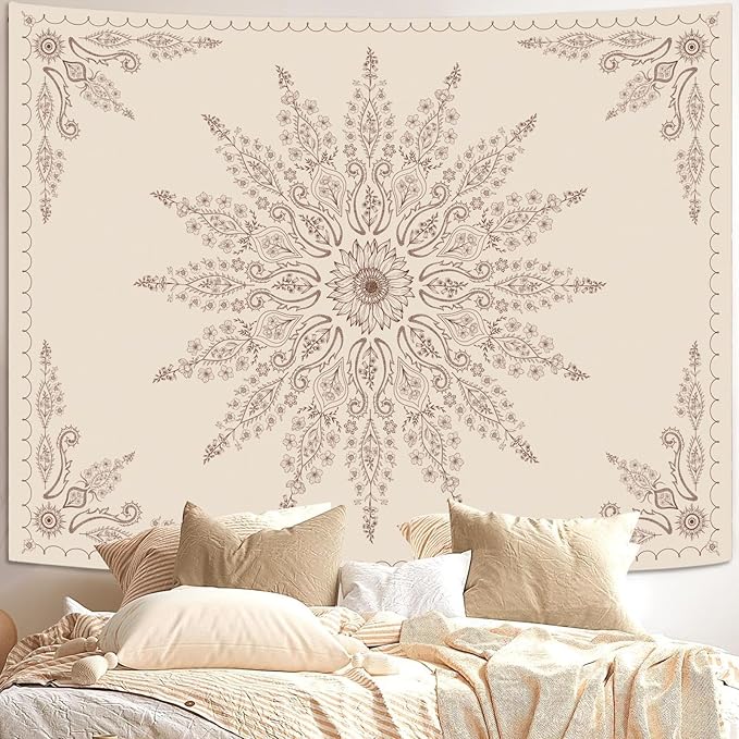 Fowocu Boho Floral Mandala Tapestry for Bedroom Aesthetic Bohemian Flower Wall Tapestry Beige Hippie Indian Extra Large Tapestries Wall Hanging for Living Room Dorm Decor 90 x 68 Inch-Ruum Studio Home