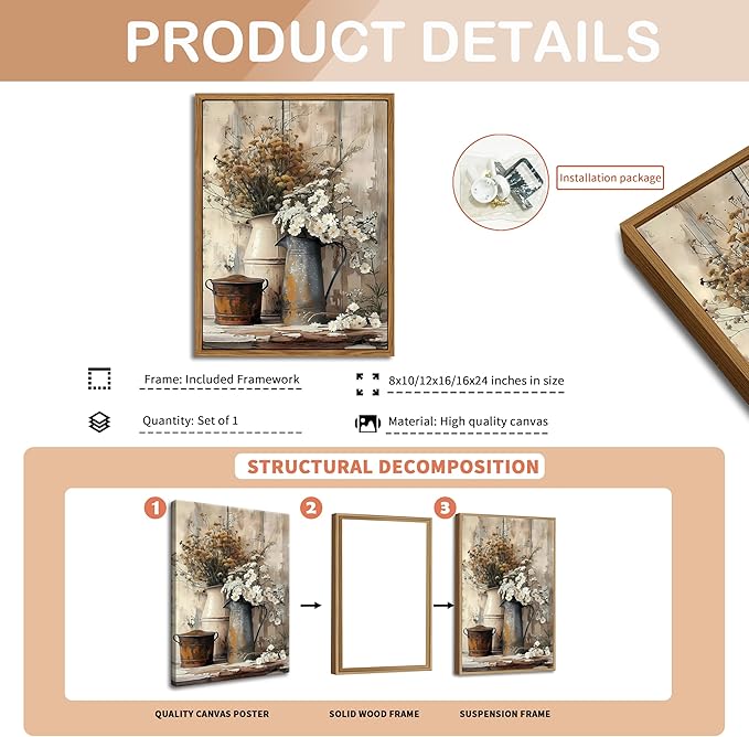 Floating Framed Farmhouse Vintage Canvas Wall Art, Country Floral Daisy Pictures Wall Decor, Wood Grain Art Paintings Poster for Living Room Bedroom Bathroom Rustic Decor 12x16 inch-Ruum Studio Home