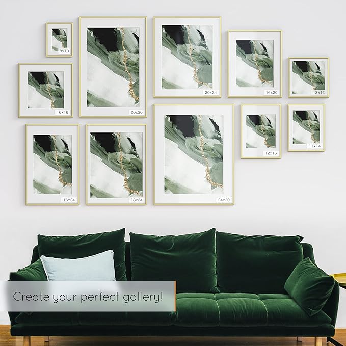 Homeforia 24x36 Gold Picture Frame, High End Metal 24 x 36 Large Poster Frames with Mat 20 by 30 inch Photo, 24x36 Gold Frame Matted to 20x30 for Print, 36x24 Frame, Tempered Glass, Wall Kit, Set of 1-Ruum Studio Home
