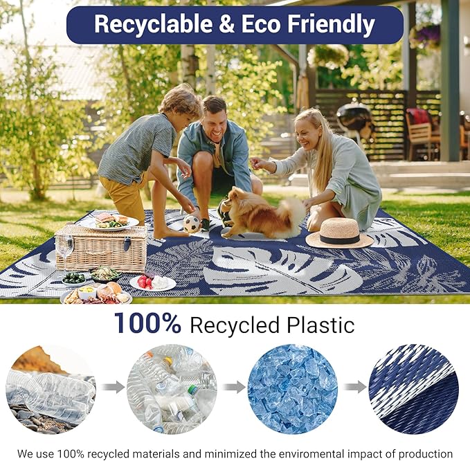 GAOMON Large Outdoor Plastic Rug 10x14 Waterproof Straw Rug Reversible Foldable Camping Mat with Stakes & Bag, Modern Tropical Leaf Farmhouse Outside Carpet for Patio RV Garden Deck, Blue-Ruum Studio Home