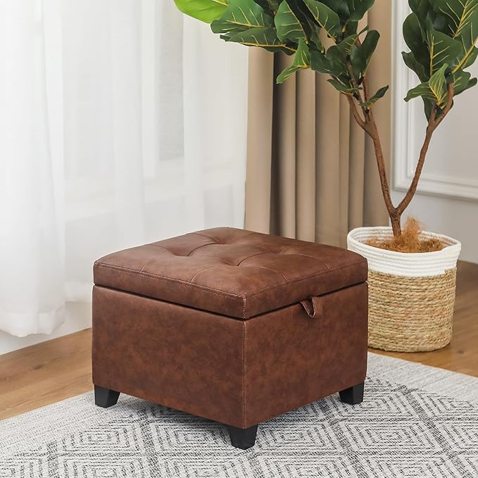 Adeco Faux Leather Storage Ottoman Bench with Wood Legs, 17.7" Square Red and Brown PU Cube Foot Stool, Upholstered Button Tufted Vanity Chair with Hinged Lid for Living Room, Bedroom, Dorm-Ruum Studio Home
